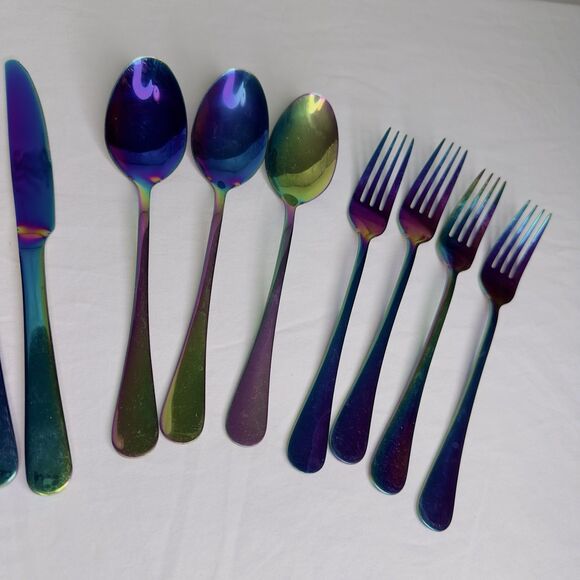 14 Pieces Byram Pattern Flatware Cambridge Rainbow Mirror Titanium Plated - Picture 2 of 6